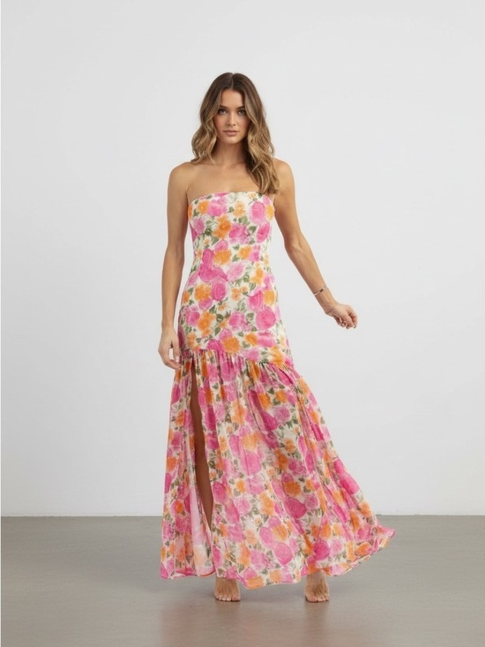 Floral Strapless Pink & Orange Maxi Sundress